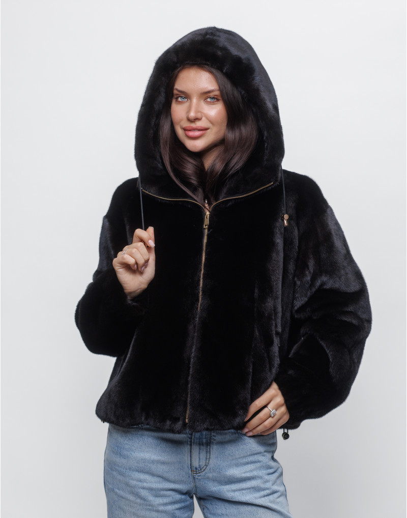 Норковий бомбер на блискавці з капюшоном